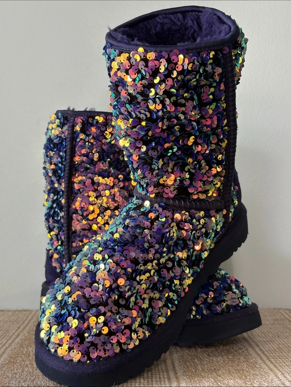UGG Classic Short Stellar Jewel Violet Sequined Shearling Lined Booties. Size-9